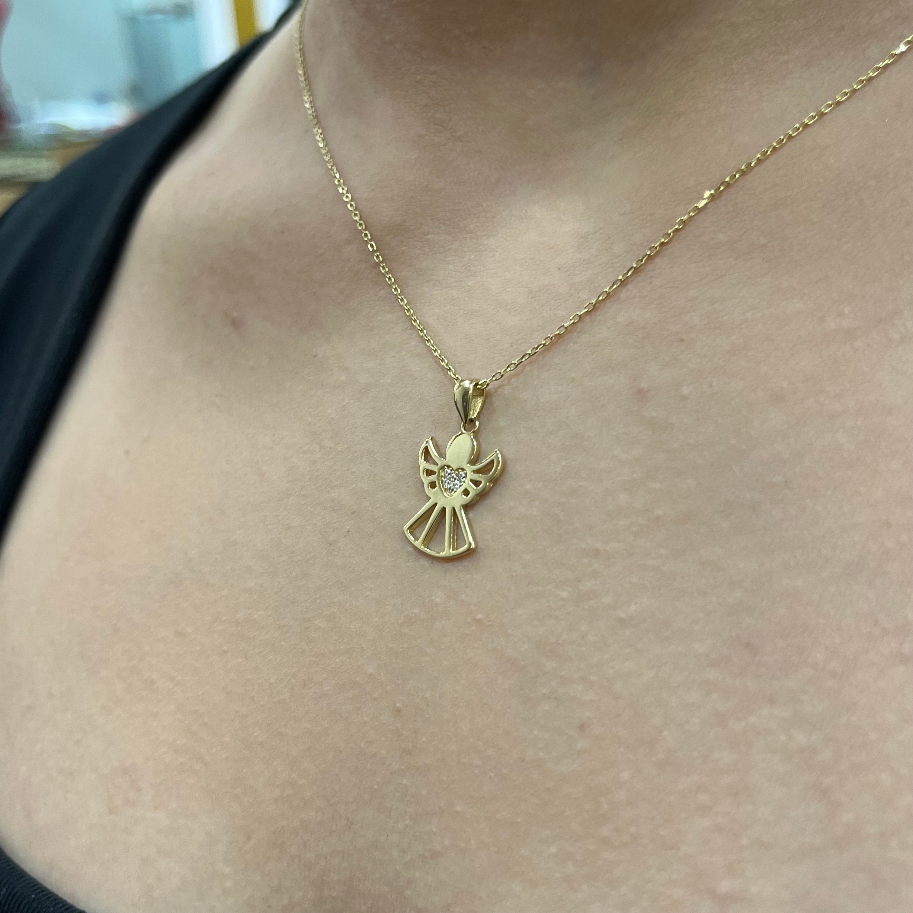 585 Gold Halskette mit Engel Anhänger und Zirkonia Herz