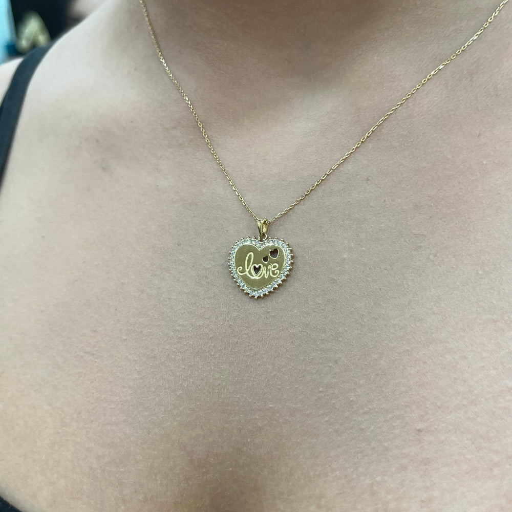 585 Gold Herz Kette mit Love Anhänger und Zirkonia