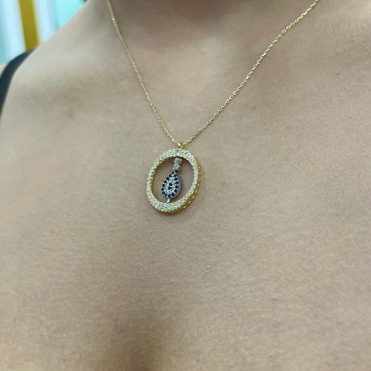 585 Gold Halskette mit rundem Nazar-Tropfen Anhänger und Zirkonia