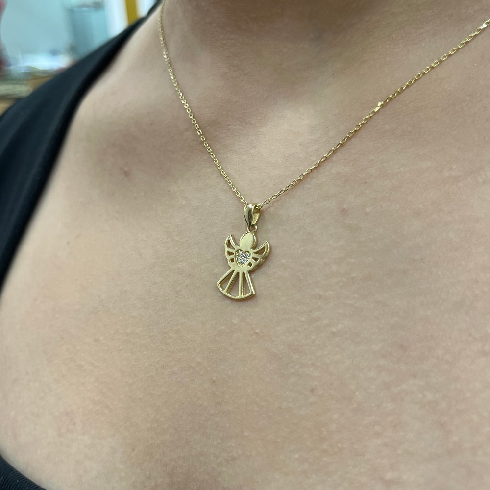 585 Gold Halskette mit Engel Anhänger und Zirkonia Herz
