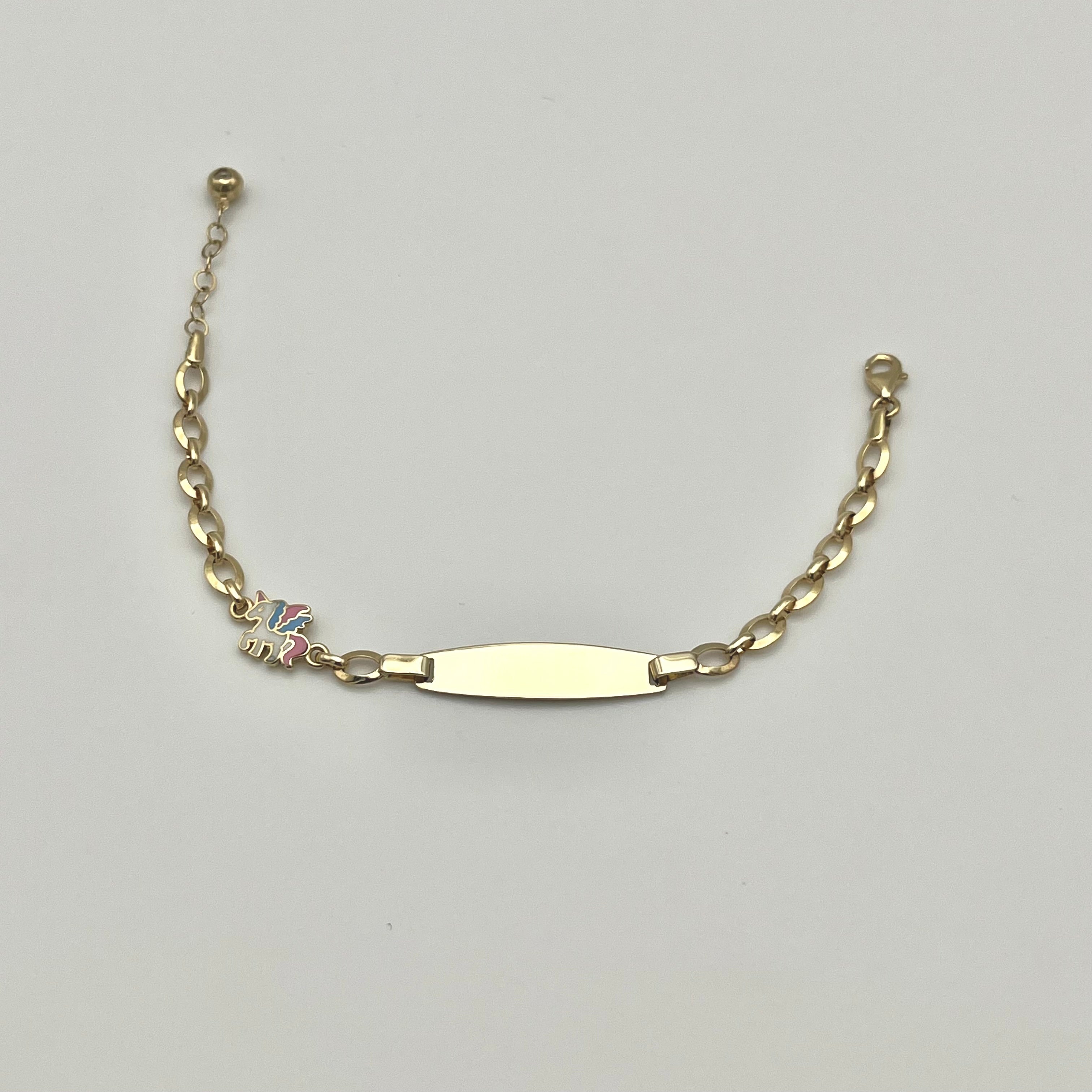 585 Einhorn Block Kinderarmband aus 14 Karat Gold mit Namensplatte