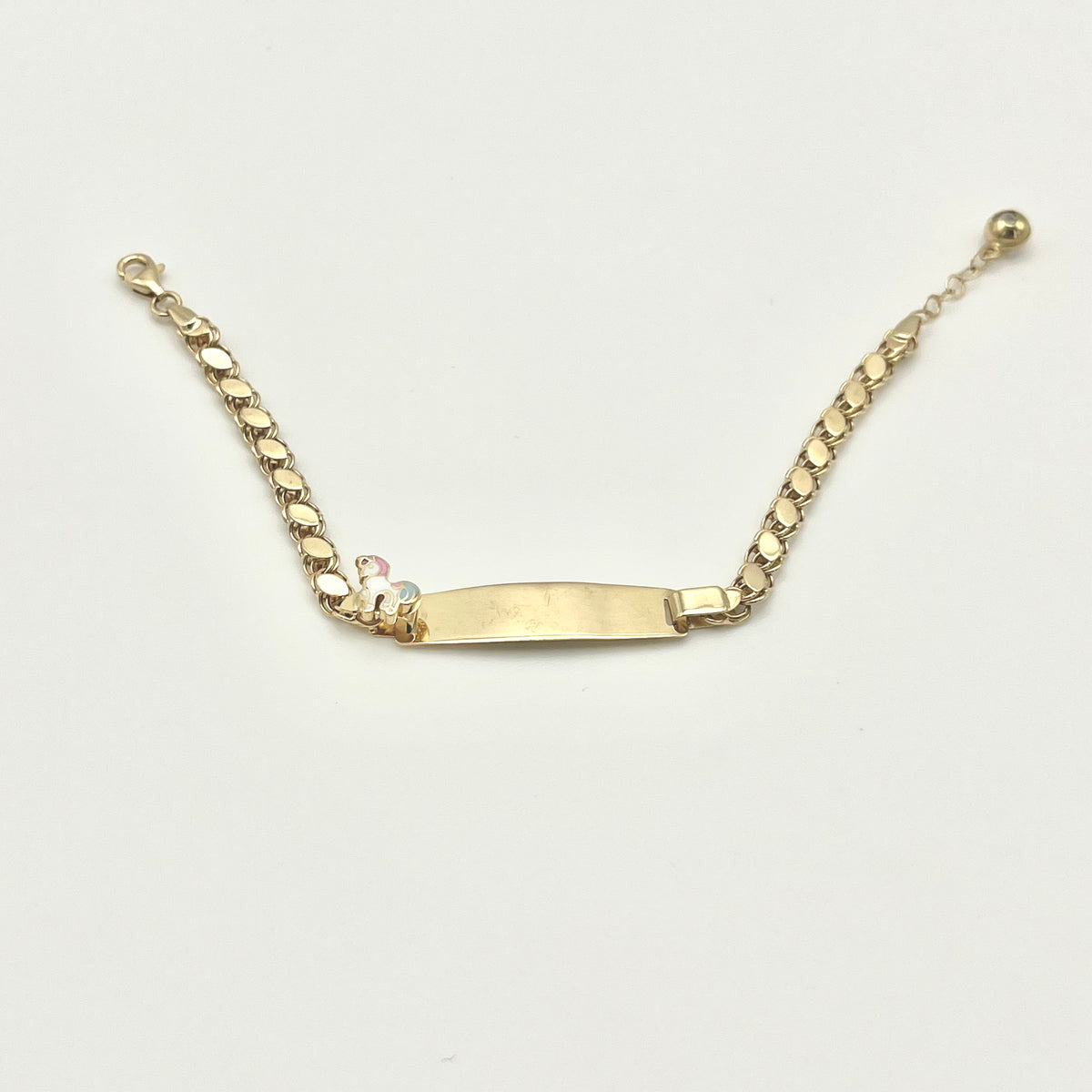 585 Einhorn Charm Kinderarmband aus 14 Karat Gold mit Namensplatte