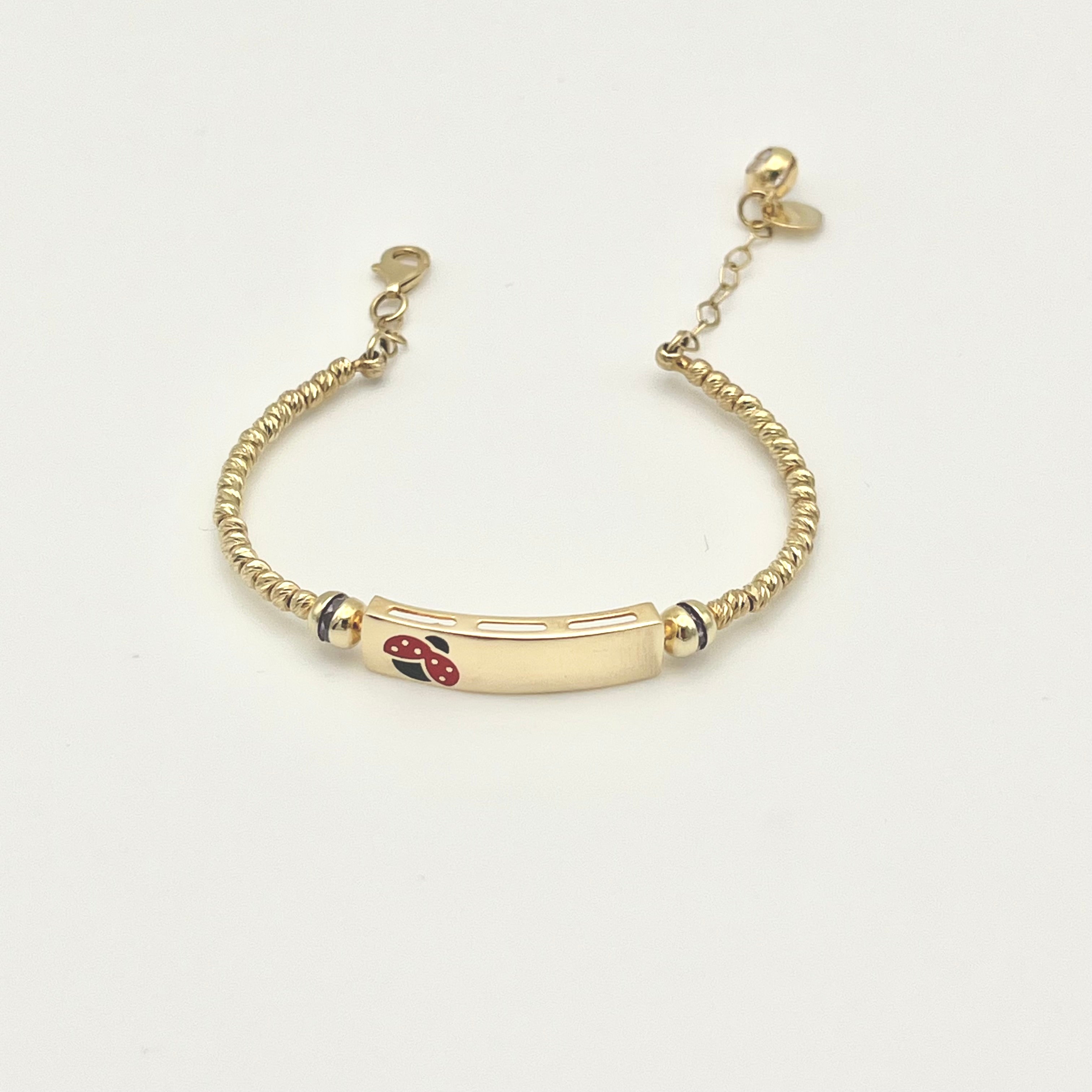585 Marienkäfer Kinderarmband aus 14 Karat Gold mit Namensplatte