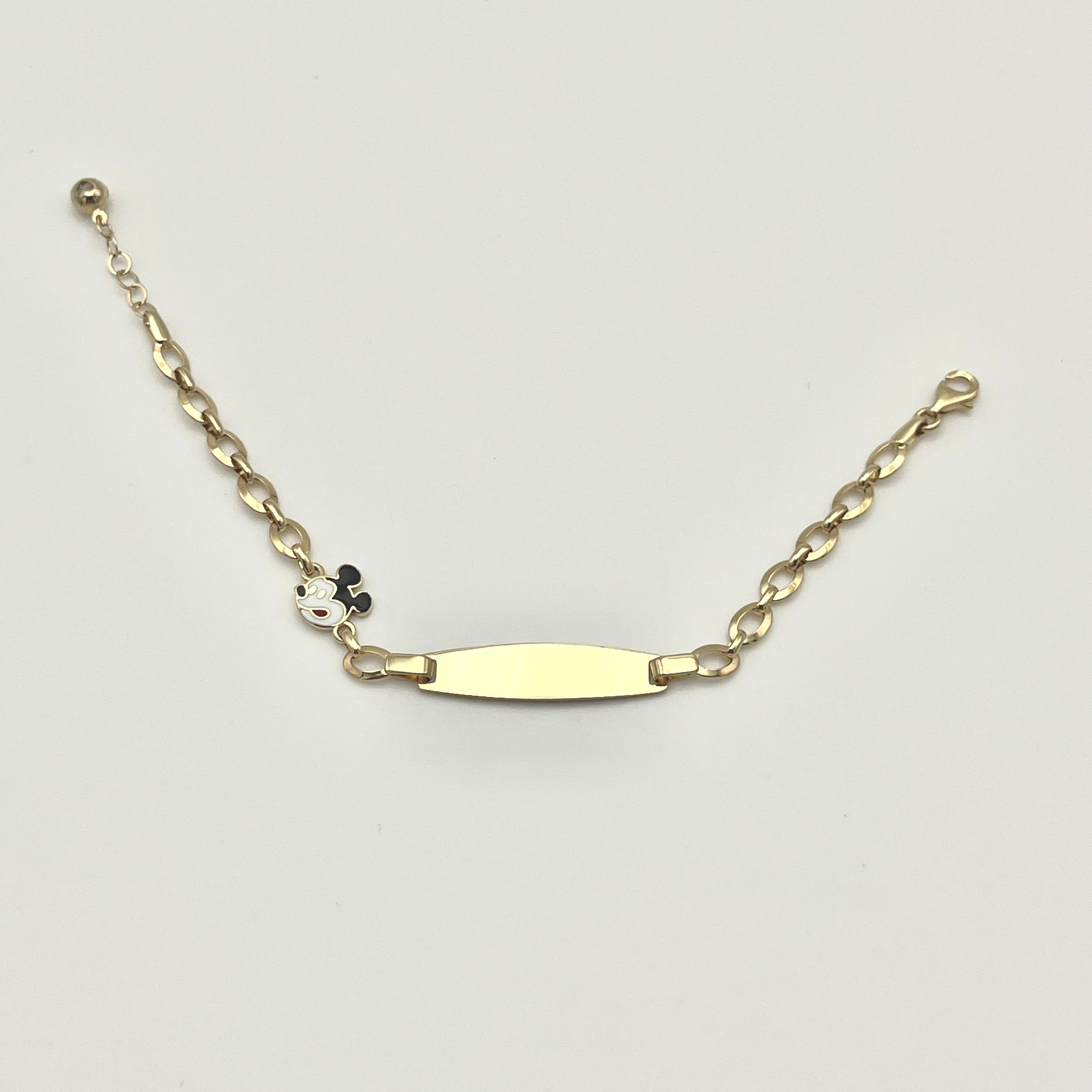 585 Micky Mouse Kinderarmband aus 14 Karat Gold mit Namensplatte