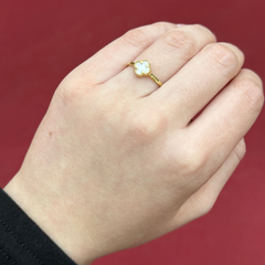 585 weißer Kleeblatt Ring aus 14 Karat Gelbgold mit filigranem Glücksmotiv am Finger getragen