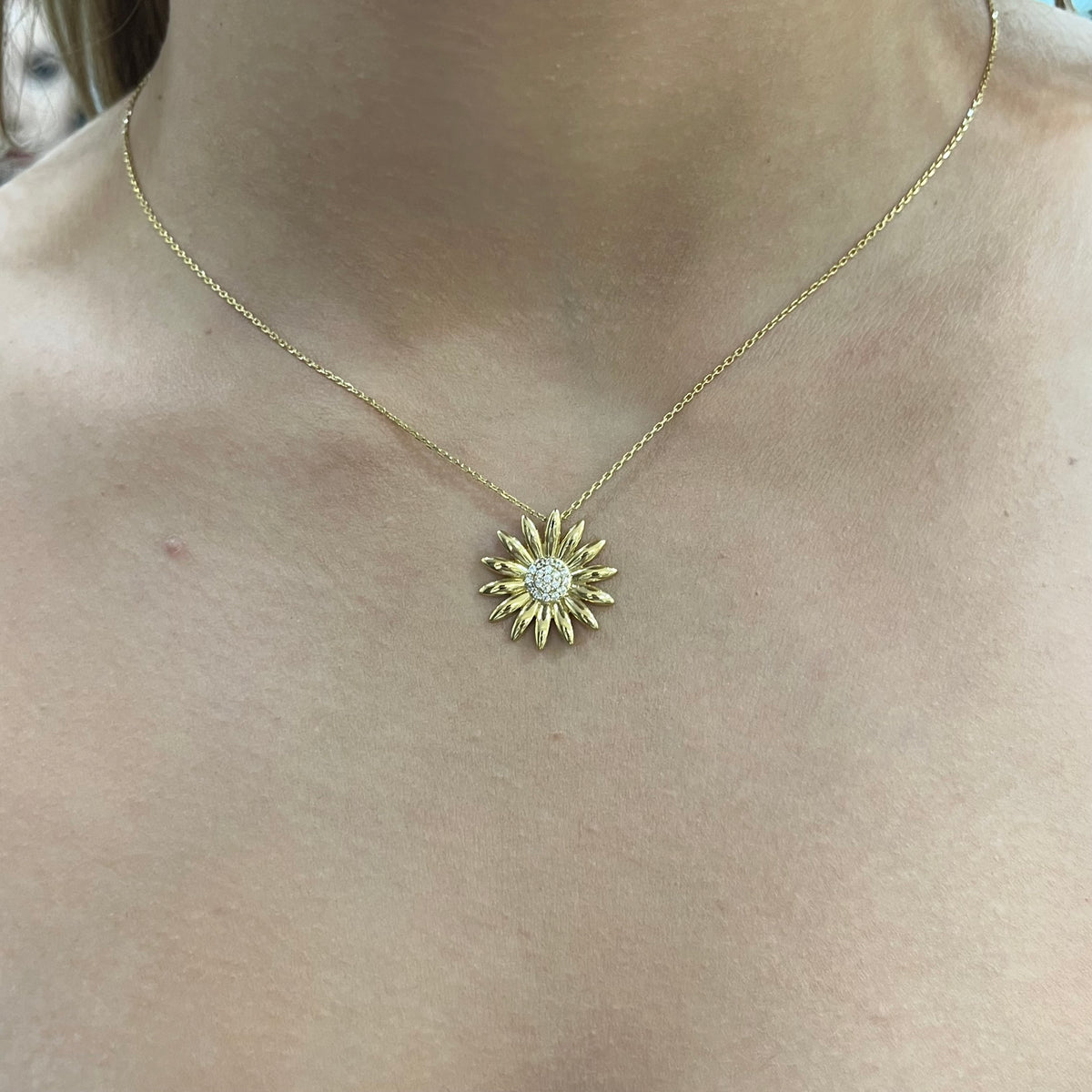 585 Gold Halskette mit Sonnenblumen Anhänger und Zirkonia Steinen